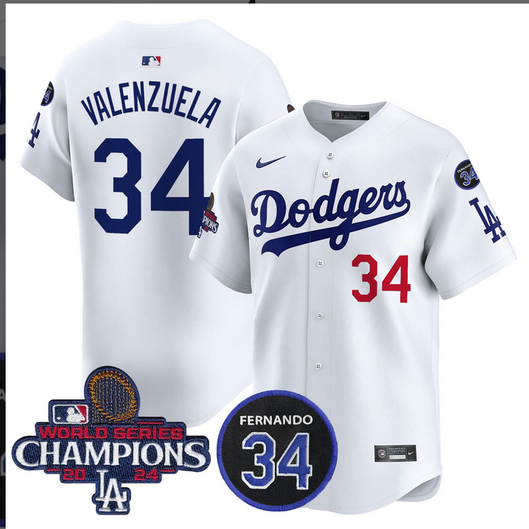 Men MLB Los Angeles Dodgers 34 Valenzuela white 2024 World Series Champions Patch Limited Jersey
